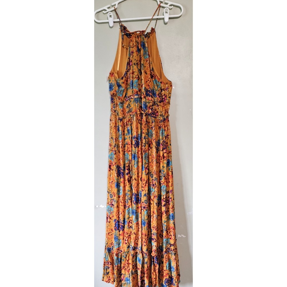 Bcbgmaxazria Maxi Dress Orange/mandarin Color Multi Floral Ruffled Metallic XL - Picture 2 of 9